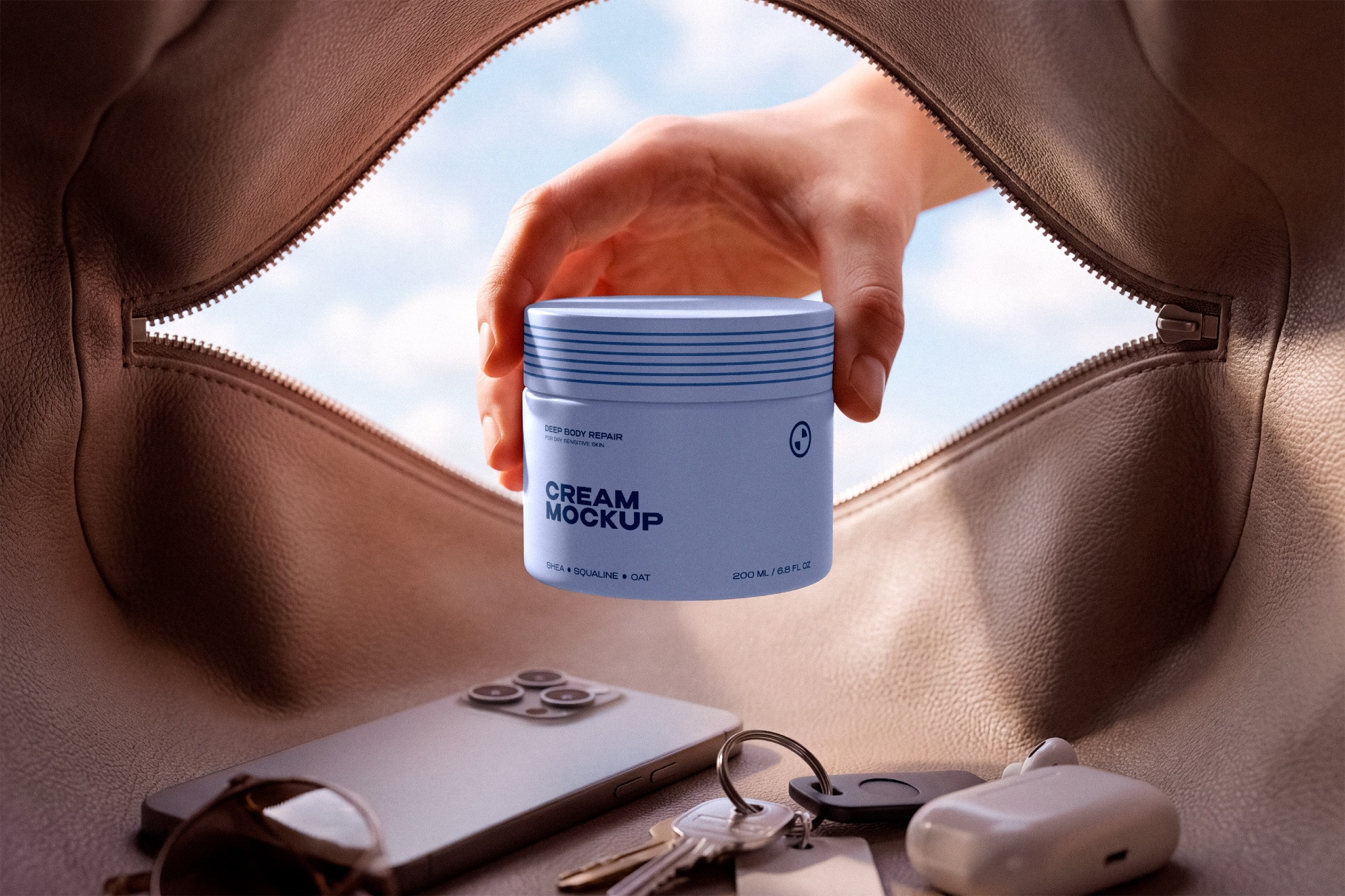Cosmetic Jar Mockup in Leather Bag