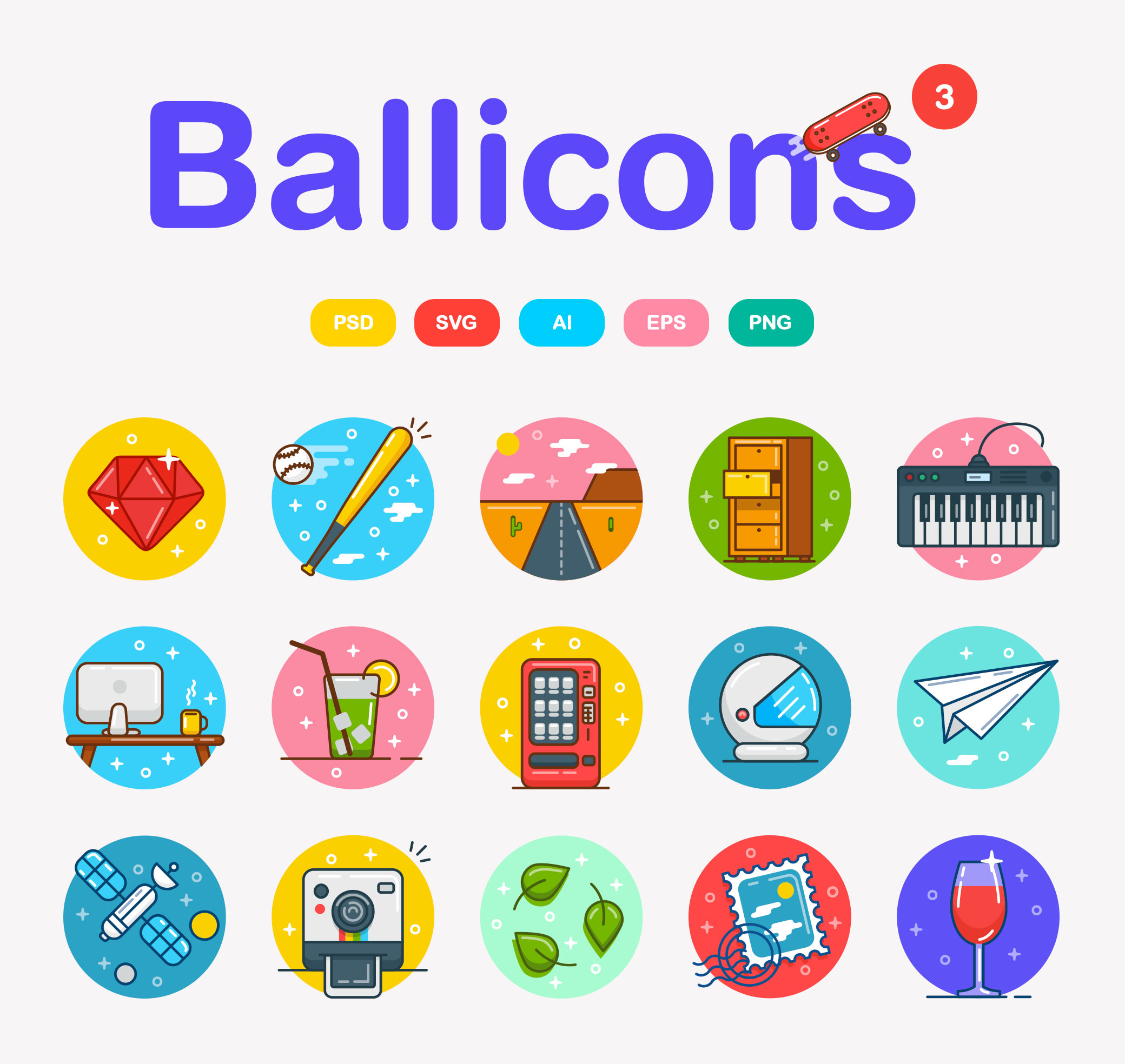 Ballicons flat icon set: colorful free vector set in SVG, AI, EPS