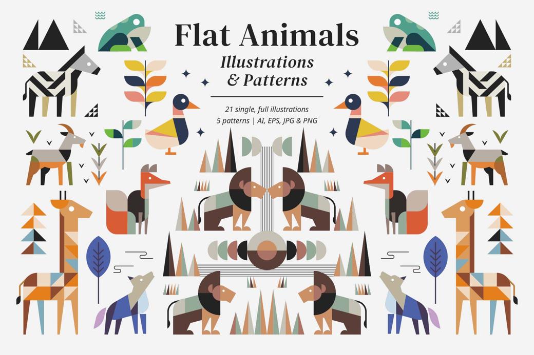Flat Animals: Illustrations & Patterns