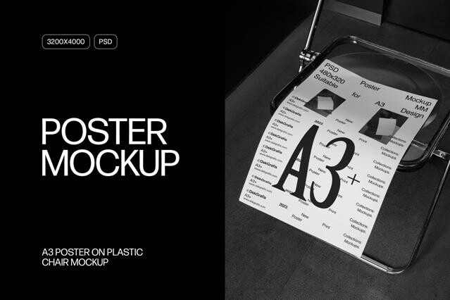 A3 Poster On Plastic Chair Mockup