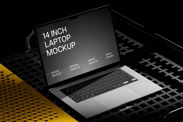 Angled MacBook Pro 14 on Industrial Grid