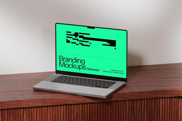 MacBook Pro on Wooden Cabinet Mockup