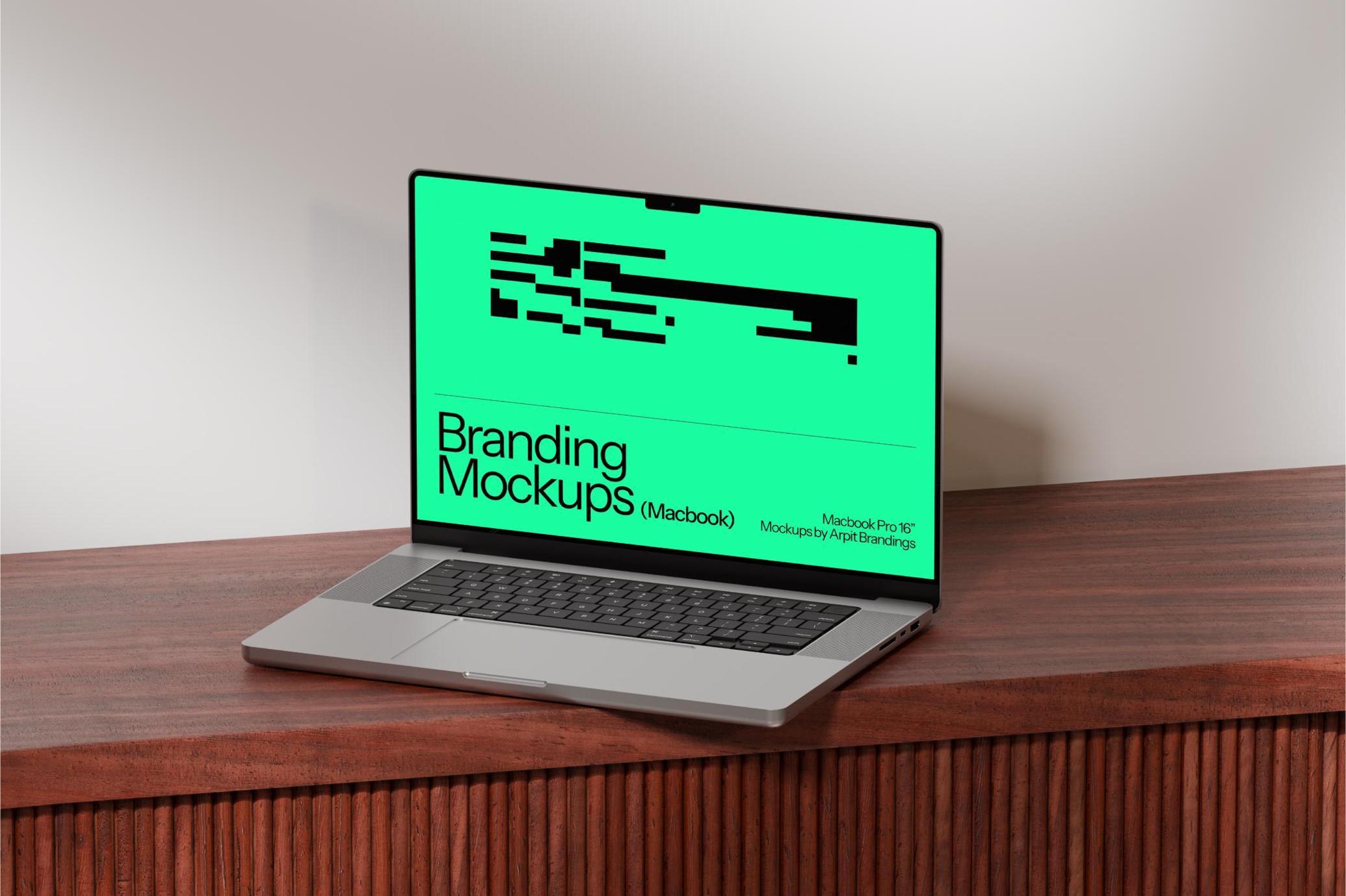 MacBook Pro on Wooden Cabinet Mockup