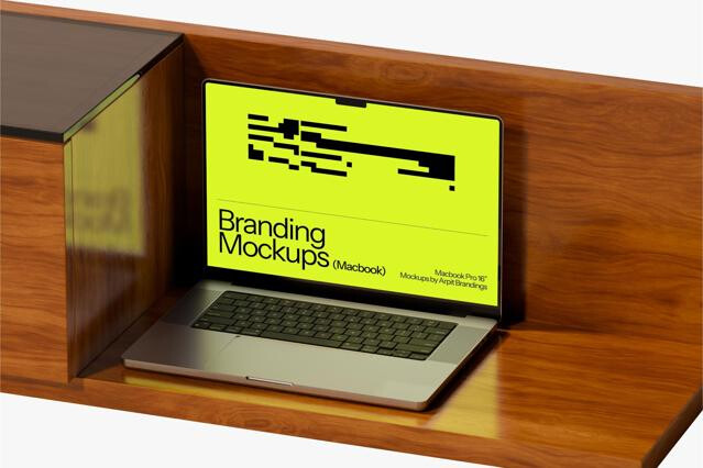 MacBook Pro Mockup on Wooden Cabinet
