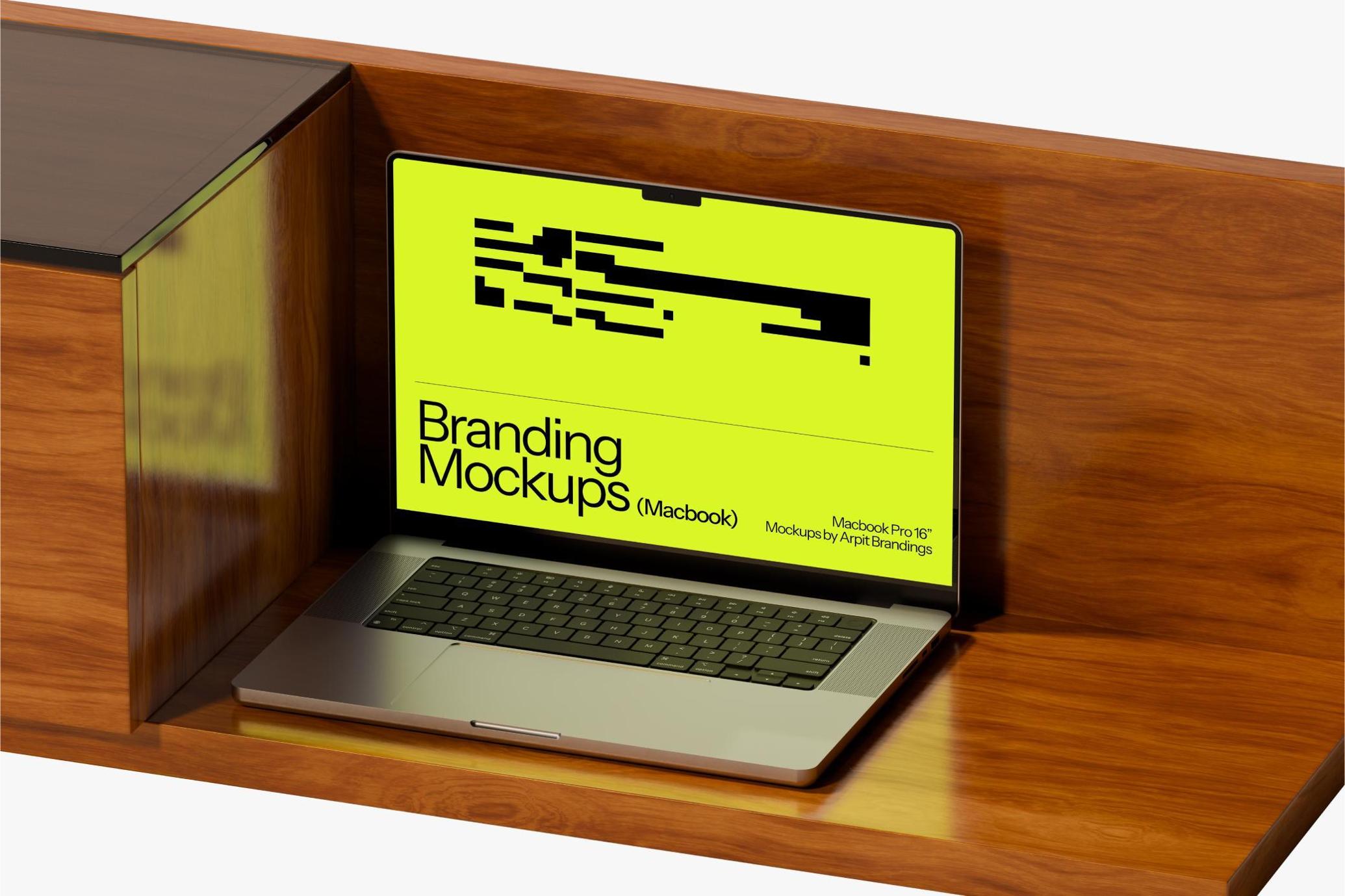 MacBook Pro Mockup on Wooden Cabinet