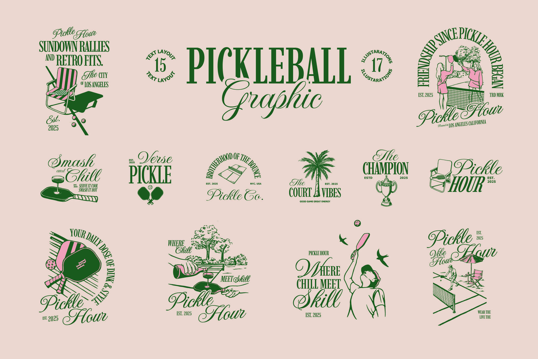 Retro Pickleball Vector Graphics Collection
