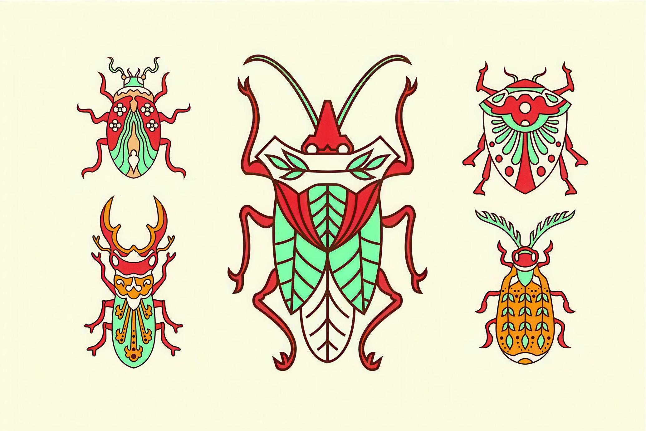 Folk Art Insect Vector Illustrations
