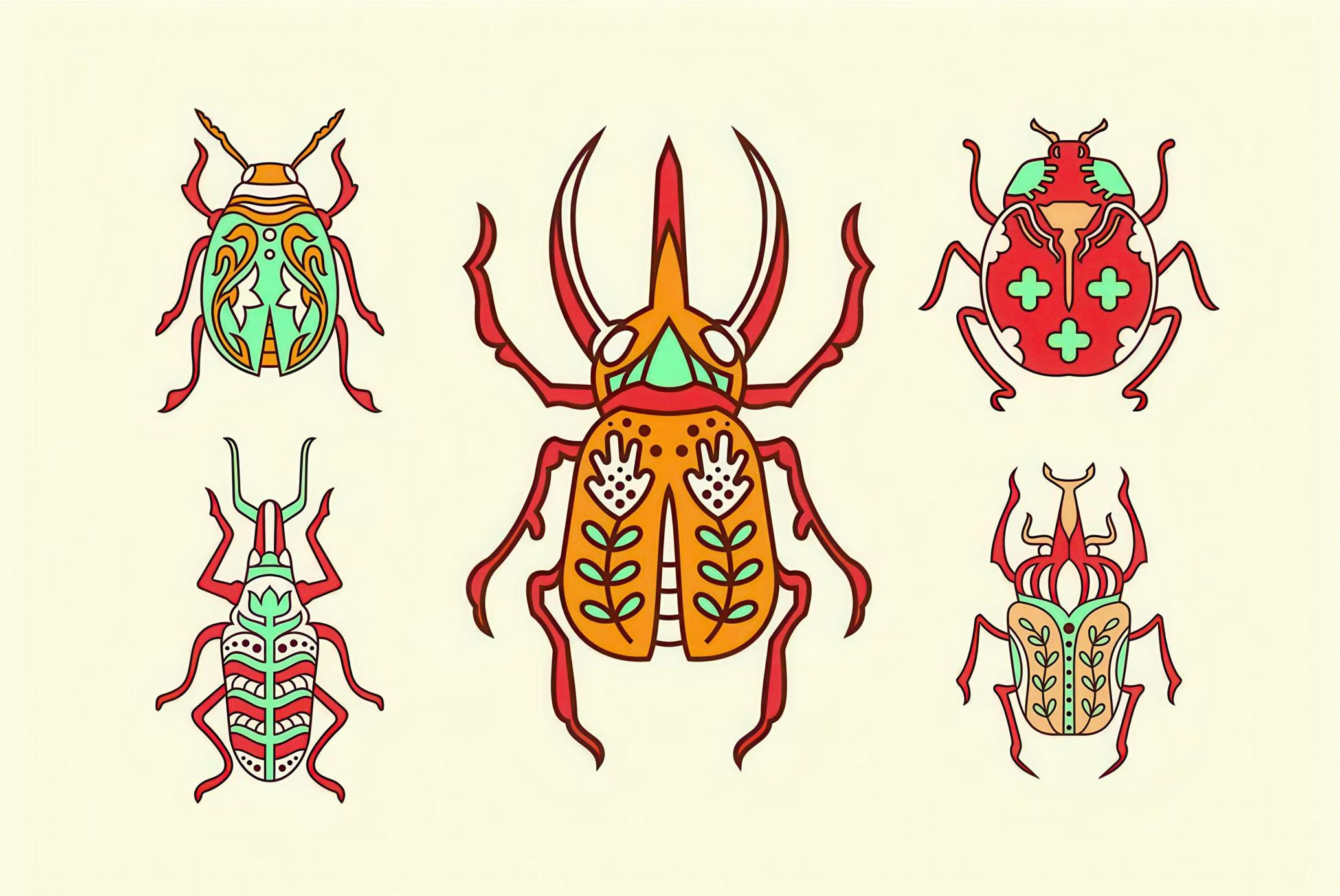 Folk Art Insect Vector Illustrations